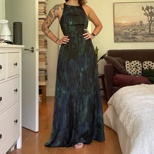 Brazilian silk dress with peacock feather pattern